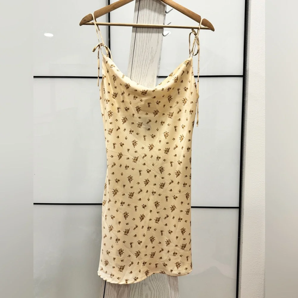 Brand New Champagne Beige Floral Cowl Neck Satin Slip Mini Dress Sleeveless - Picture 2 of 11
